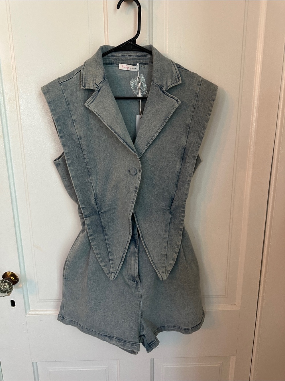 Sleeveless Tailored Denim Romper in Faded Gray